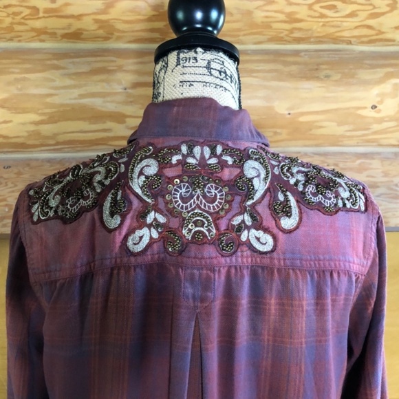 Free People Stevie's Embellished Plaid Shirt Tunic in red/burgundy size M - Picture 7 of 12